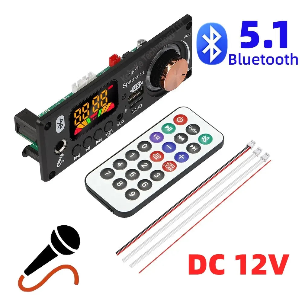 Black plastic bluetooth 5.1 mp3 wma wav car audio music decoder board with copper volume knob 5mm microphone and remote