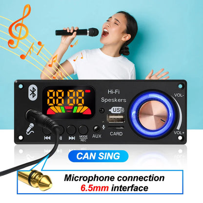 Black rectangular bluetooth 5.1 car audio music mp3 wma wav decoder board with glowing blue volume knob and 5mm microphone port