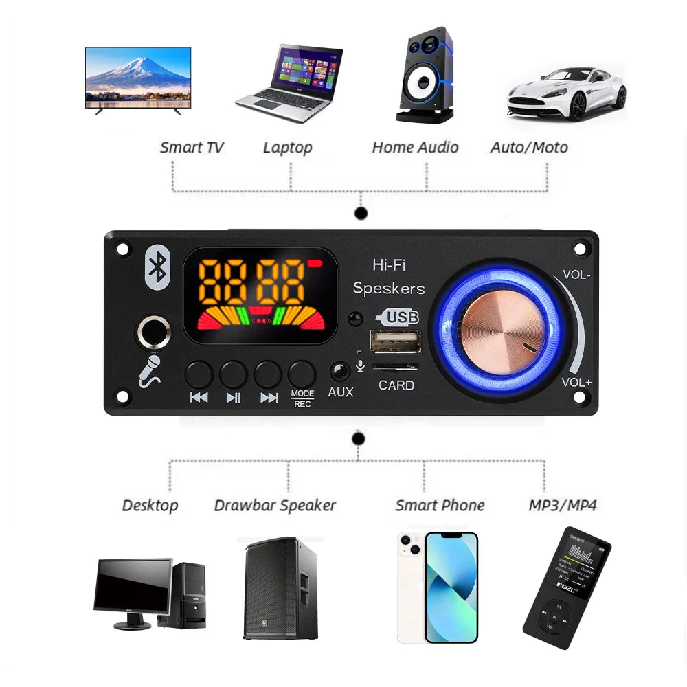Black rectangular bluetooth 5.1 mp3 wma wav decoder board with glowing blue volume knob car audio music player