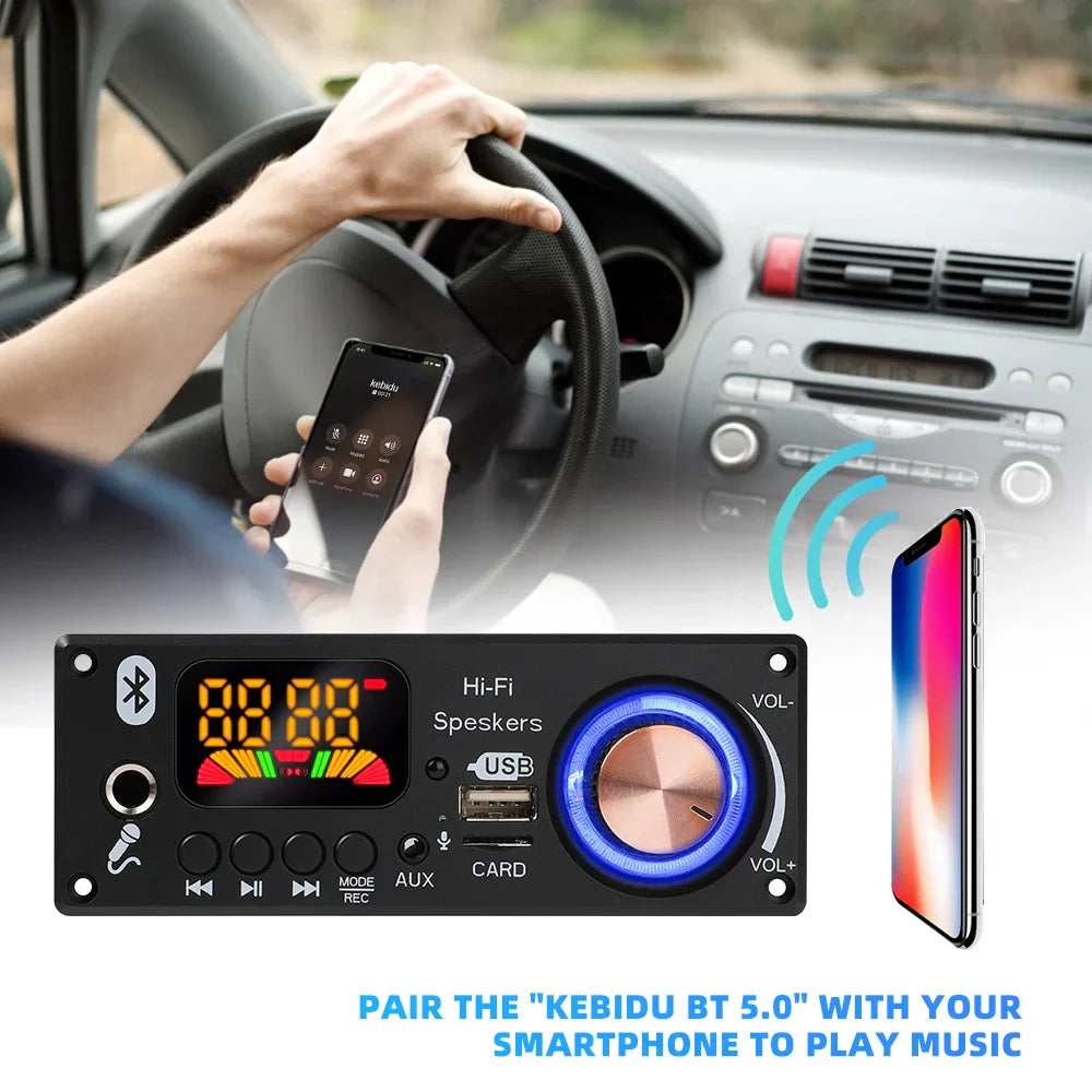 Black rectangular Bluetooth 5.1 car audio music player with blue led ring volume knob and colorful mp3 wma wav display