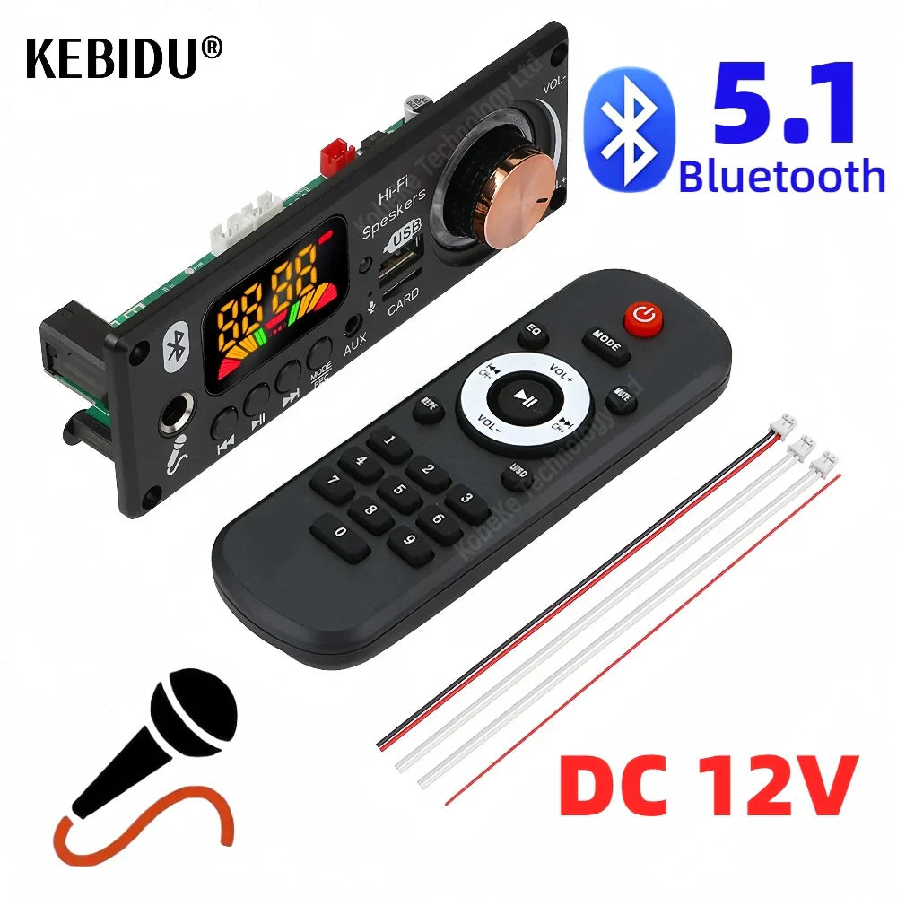 Black bluetooth 5.1 car audio music decoder board with copper volume knob 5mm microphone and mp3 wma wav support