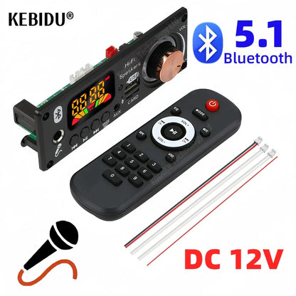 Black bluetooth 5.1 car audio music decoder board with copper volume knob 5mm microphone and mp3 wma wav support