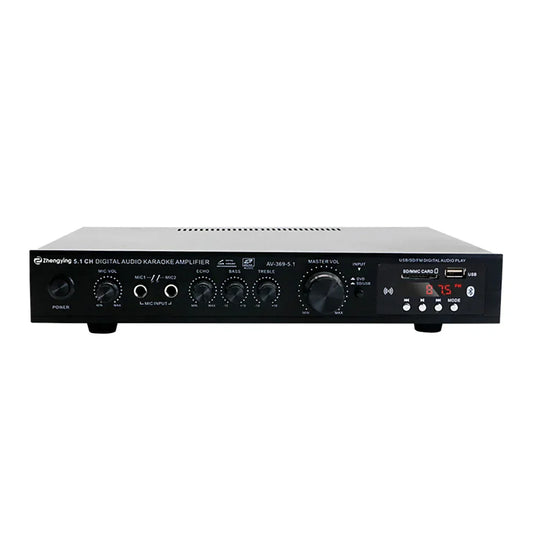 Black rectangular stereo audio amplifier receiver with multiple control knobs and led display for channel home theater use