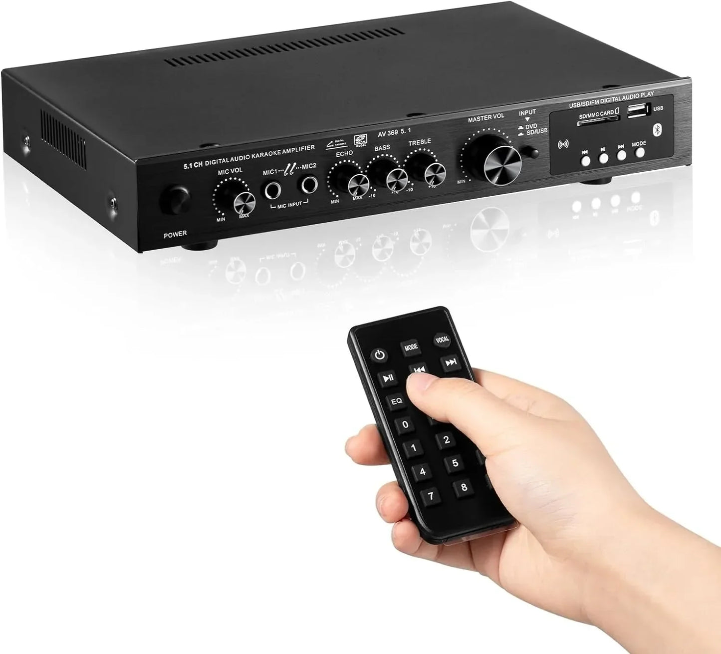 Black 5.1-channel stereo audio amplifier receiver with silver knobs usb ports bluetooth for channel home theater use