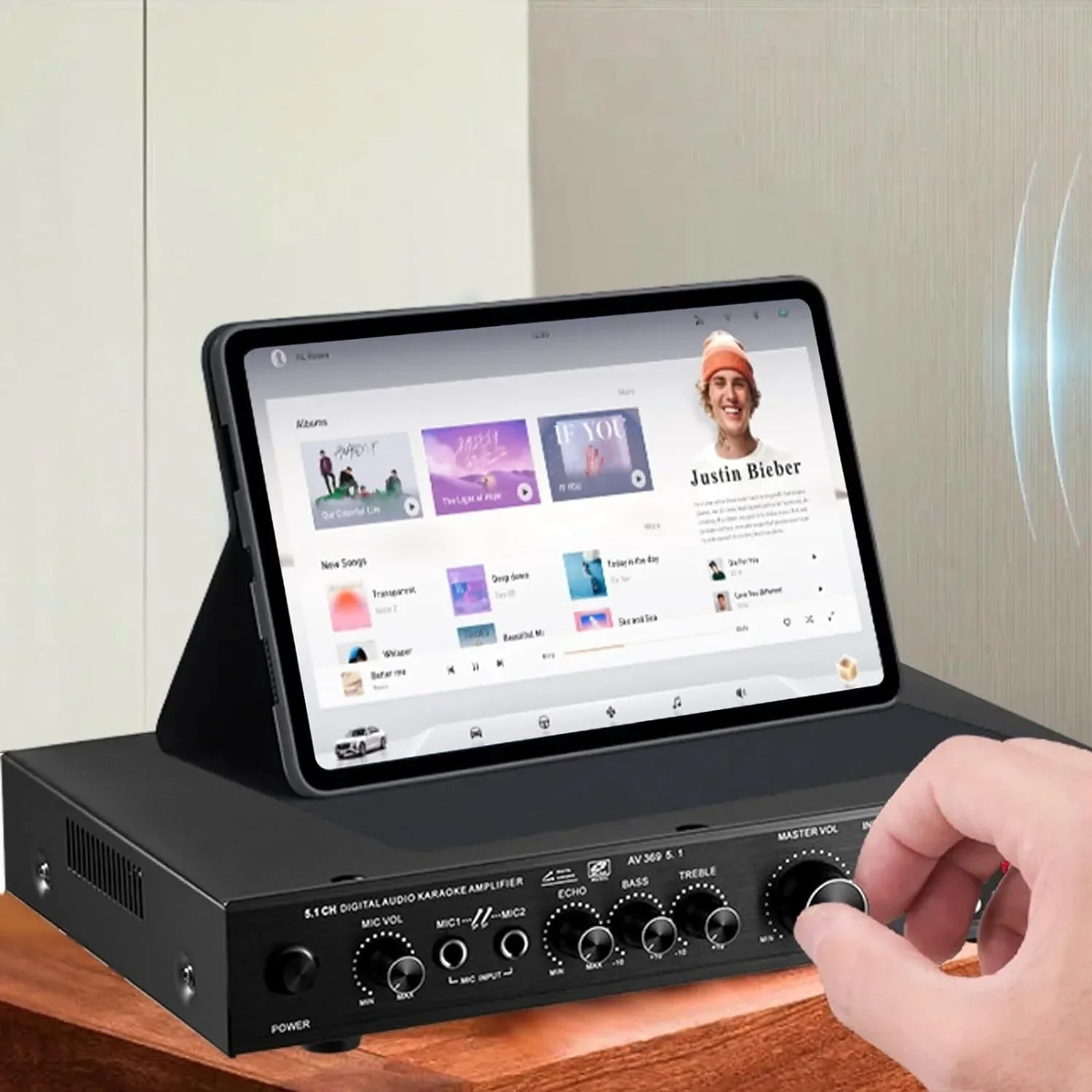 Black 5.1 channel stereo audio amplifier receiver with multiple control knobs for home theater audio system use