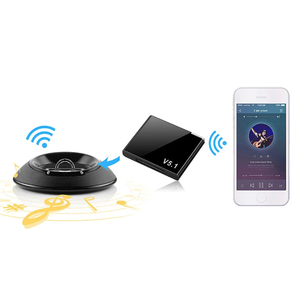 Black wireless bluetooth music receiver with glossy finish and circular design for 30-pin dock and cell phone use