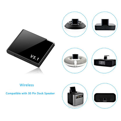 Black 30-pin dock bluetooth music receiver with wireless charging and digital time display for cell phone use