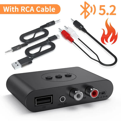 Black compact bluetooth 5.2 audio receiver with usb rca output ports music wireless adapter for kit speaker amplifier