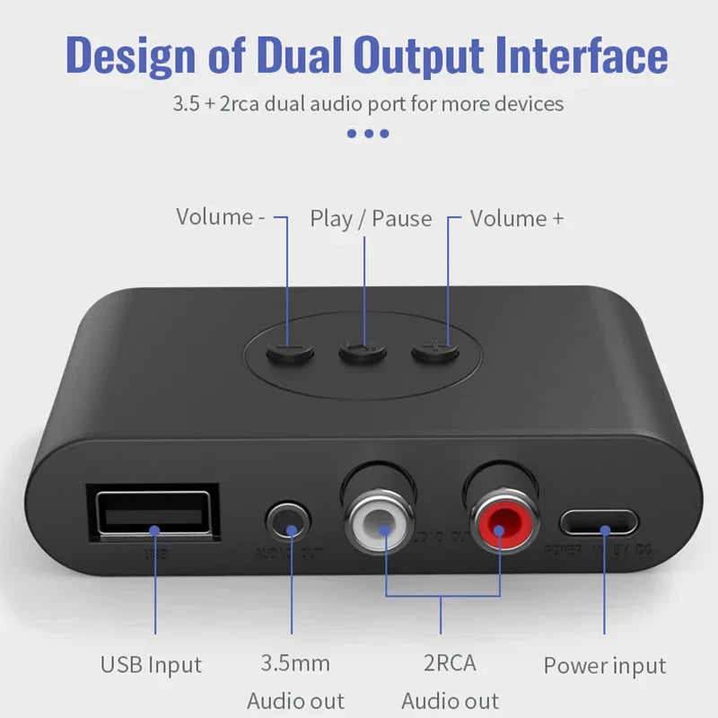 Black rectangular bluetooth audio music wireless adapter with usb 3.5mm rca ports and volume control for kit speaker amplifier
