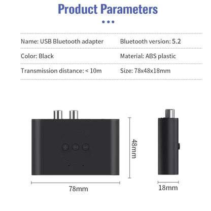 Black abs plastic bluetooth 5.2 audio receiver with two metallic connectors for music wireless adapter kit speaker amplifier
