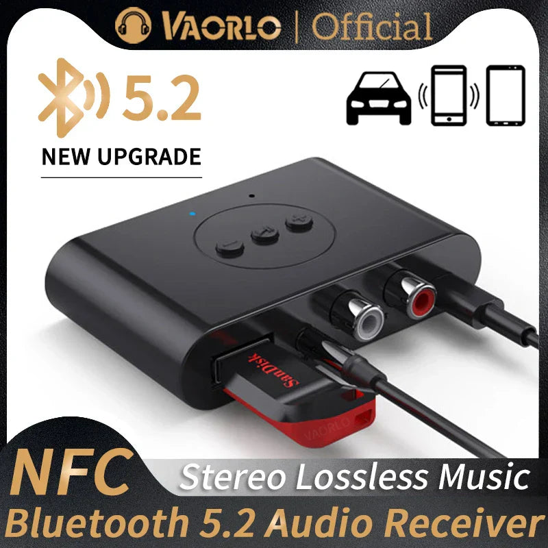 Black vaorlo bluetooth 5.2 audio receiver with silver rca jacks and red usb drive for music wireless adapter use in kit speaker amplifier
