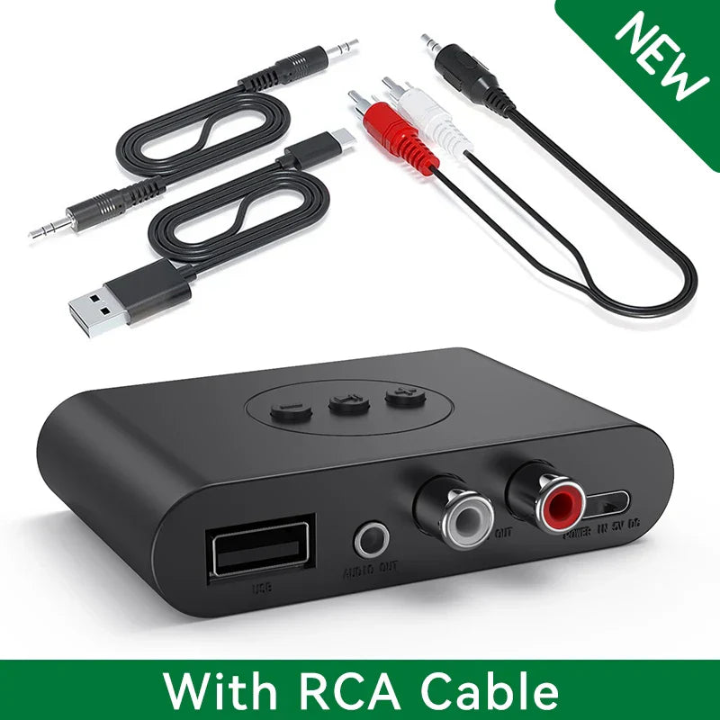 Black bluetooth 5.2 music wireless adapter with usb 3.5mm aux and rca output ports with matching cables for kit speaker amplifier
