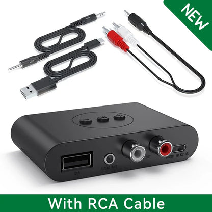 Black bluetooth 5.2 music wireless adapter with usb 3.5mm aux and rca output ports with matching cables for kit speaker amplifier