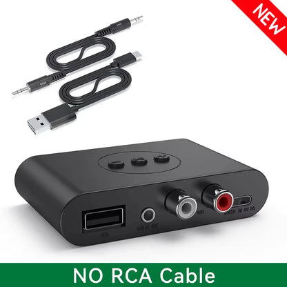 Black rectangular bluetooth 5.2 music wireless adapter with usb rca output jacks and control buttons for kit speaker amplifier