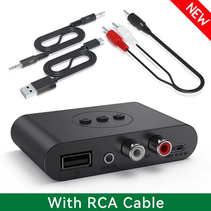 Black rectangular bluetooth 5.2 music wireless adapter with usb rca output ports and 3 control buttons for kit speaker amplifier