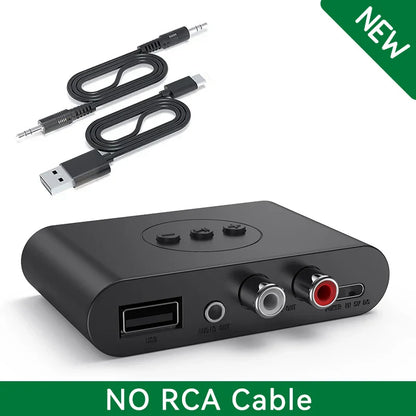 Black compact bluetooth 5.2 music wireless adapter with usb 5mm aux and rca ports for kit speaker amplifier