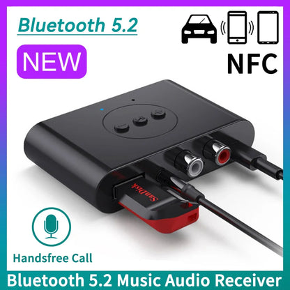 Black bluetooth 5.2 music wireless adapter with silver rca jacks and red sandisk usb for kit speaker amplifier and 5mm aux use