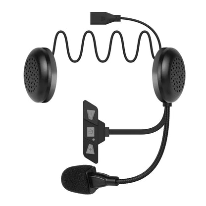 Black wireless motorcycle helmet headset with two speakers, volume and call controls, and adjustable microphone for handsfree stereo music