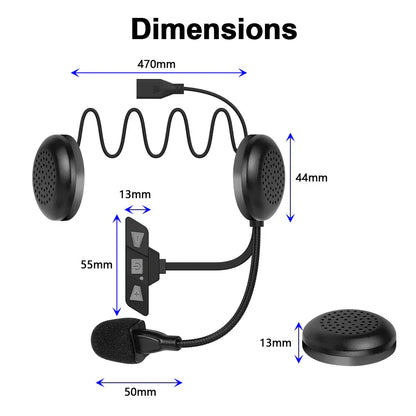 Black wireless handsfree stereo motorcycle helmet headset with two earpieces, control buttons, and adjustable microphone