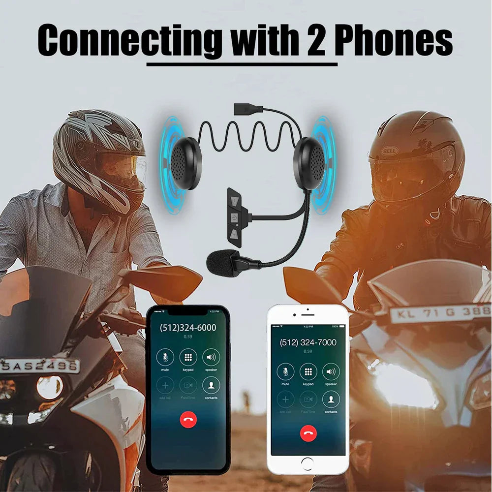 Black wireless handsfree stereo motorcycle helmet headset with mic and coiled cable for rider communication