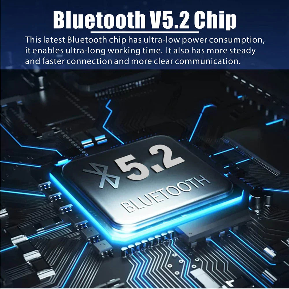 Silver bluetooth v5.2 chip with illuminated blue circuitry on pcb for wireless handsfree stereo motorcycle helmet headset