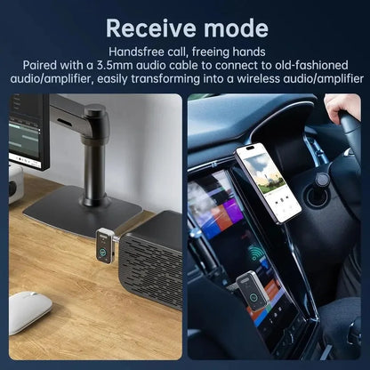 Black compact adapter transmitter receiver with circular button and display for car music headphone aux connection