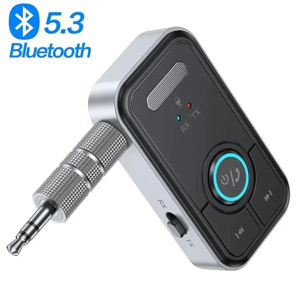 Silver and black bluetooth 5.3 adapter transmitter receiver with textured metallic 3.5mm jack for car music headphone use