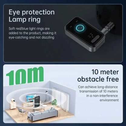 Black and silver bluetooth 5.3 adapter transmitter receiver with soft red blue light rings for car music headphone use