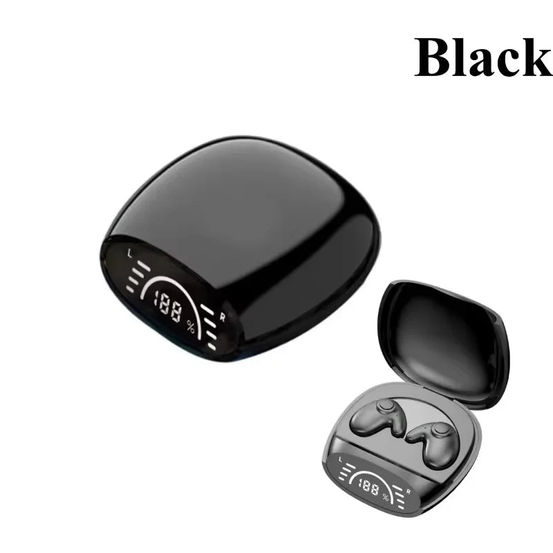 Black wireless bluetooth 5.3 earphones with noise cancelling sports design in a sleek glossy charging case with battery indicators