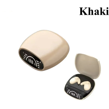 Khaki wireless noise cancelling sports running earphones in an oval case with digital battery indicators and waterproof design