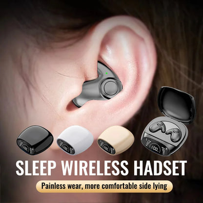 Black wireless bluetooth 5.3 earbud with sleek ergonomic design for comfortable side sleeping noise cancelling sports use