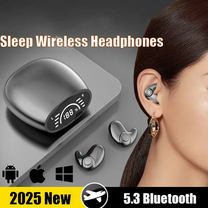 Silver sleek compact bluetooth 5.3 earphones with led display noise cancelling sports running earphones life waterproof