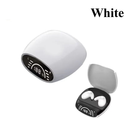 White bluetooth 5.3 earphones in glossy charging case with digital battery indicators noise cancelling sports running earphones life waterproof