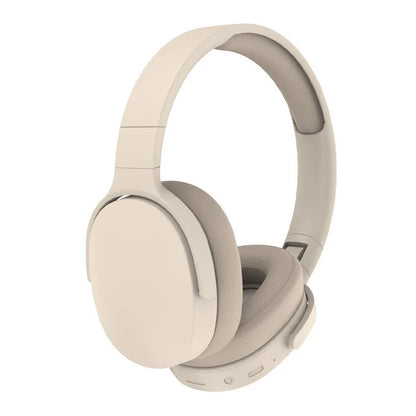 Beige over-ear wireless earphones foldable with soft padded earcups headphones dual mode noise reduction music headset