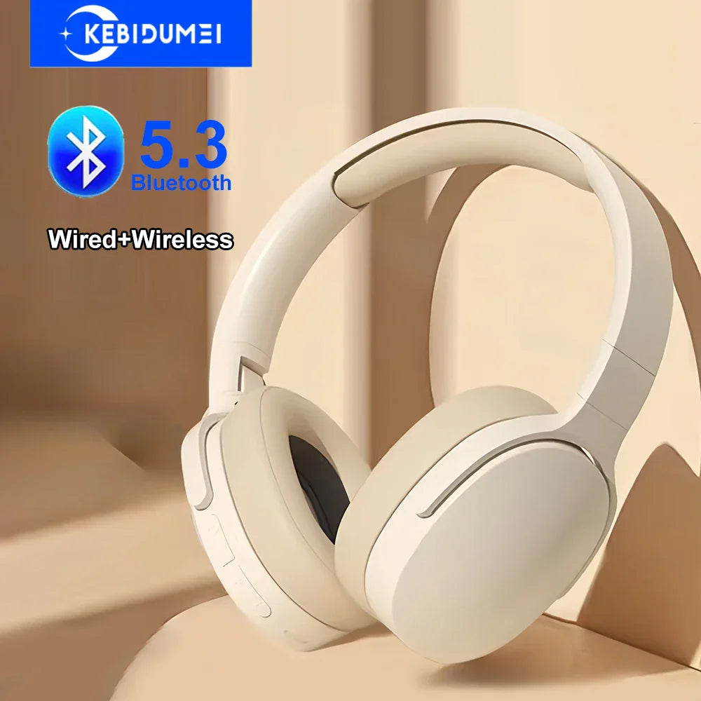 Cream-colored headphones dual mode with bluetooth 5.3 wireless earphones foldable noise reduction music for gaming use