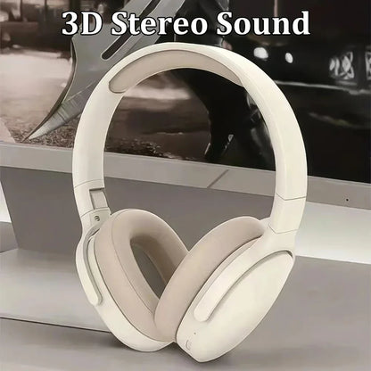 White over-ear headphones with soft cushioned ear cups featuring wireless earphones foldable noise reduction music design