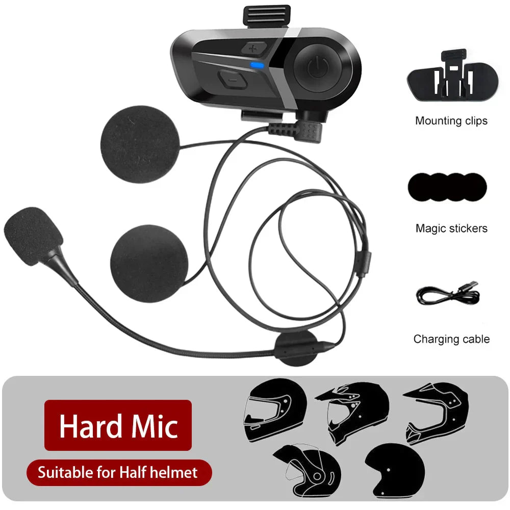 Black and gray wireless motorcycle helmet intercom with hard mic designed for half helmets and waterproof earphone music player moto