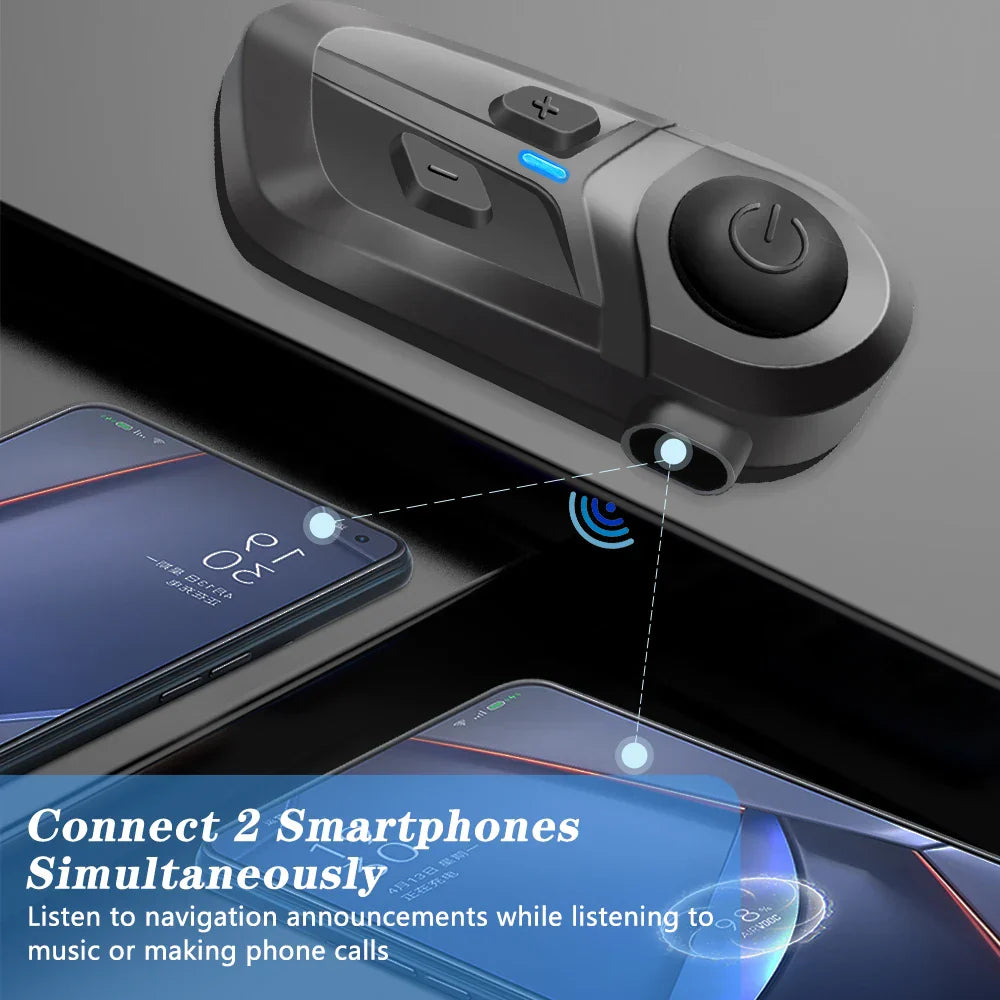 Black and gray dual bluetooth wireless motorcycle helmet headset with power button volume controls and charging port for two phones