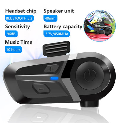 Black and gray wireless motorcycle helmet with bluetooth 5.3 intercom, 40mm speaker, power button, and waterproof earphone features