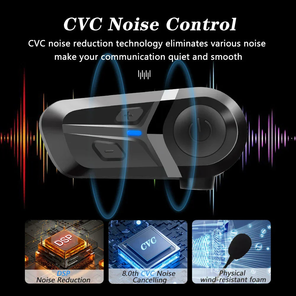 Black and silver wireless motorcycle helmet intercom with cvc noise control for waterproof earphone and music player moto use