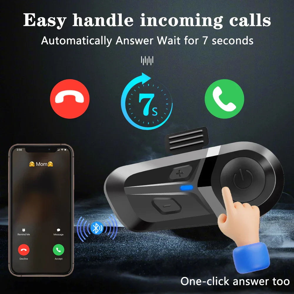 Black and silver wireless motorcycle helmet intercom with ergonomic design and volume control for music player moto use