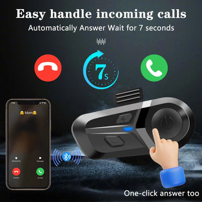 Black and silver wireless motorcycle helmet intercom with ergonomic design and volume control for music player moto use