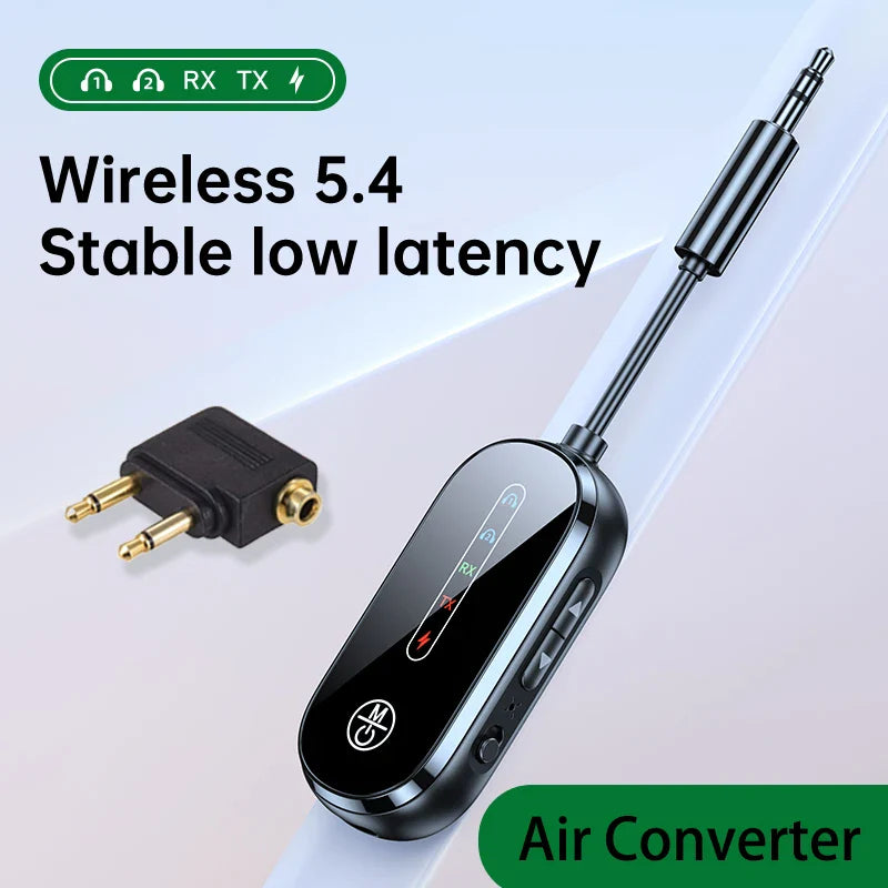 Black wireless receiver transmitter with glossy finish and metallic 3.5mm jack for car pc headset adapter music stereo