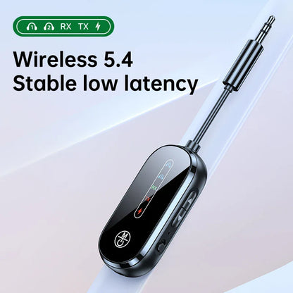 Black wireless receiver transmitter with glossy finish and 3.5mm jack cable for car pc headset adapter music stereo use