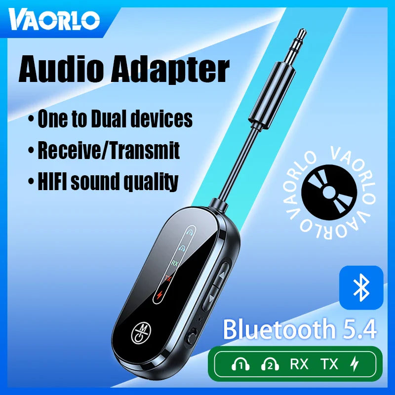 Vaorlo bluetooth 5.4 wireless receiver transmitter with black silver metallic adapter music stereo and 3.5mm jack for car pc headset