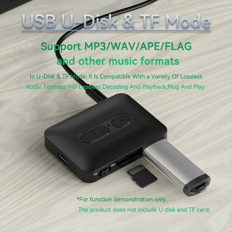 Black rectangular music wireless adapter with silver usb and tf card slots and playback control buttons for car tv pc