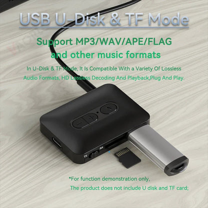 Black rectangular music wireless adapter with silver usb and tf card slots and playback control buttons for car tv pc
