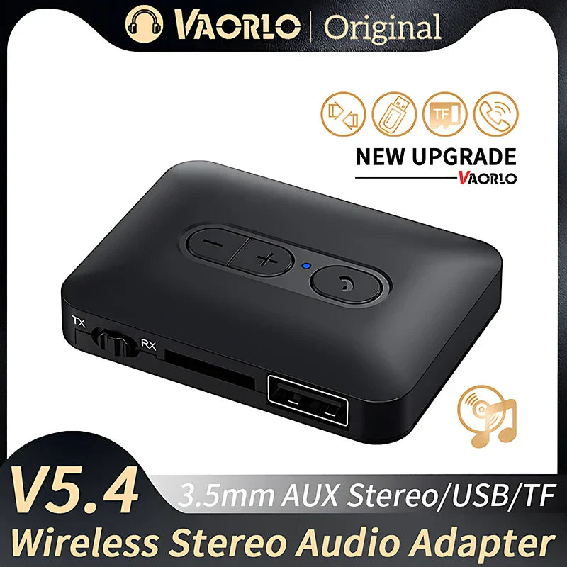 Black vaorlo v5.4 music wireless adapter with control buttons and aux usb tf card ports for car tv pc use