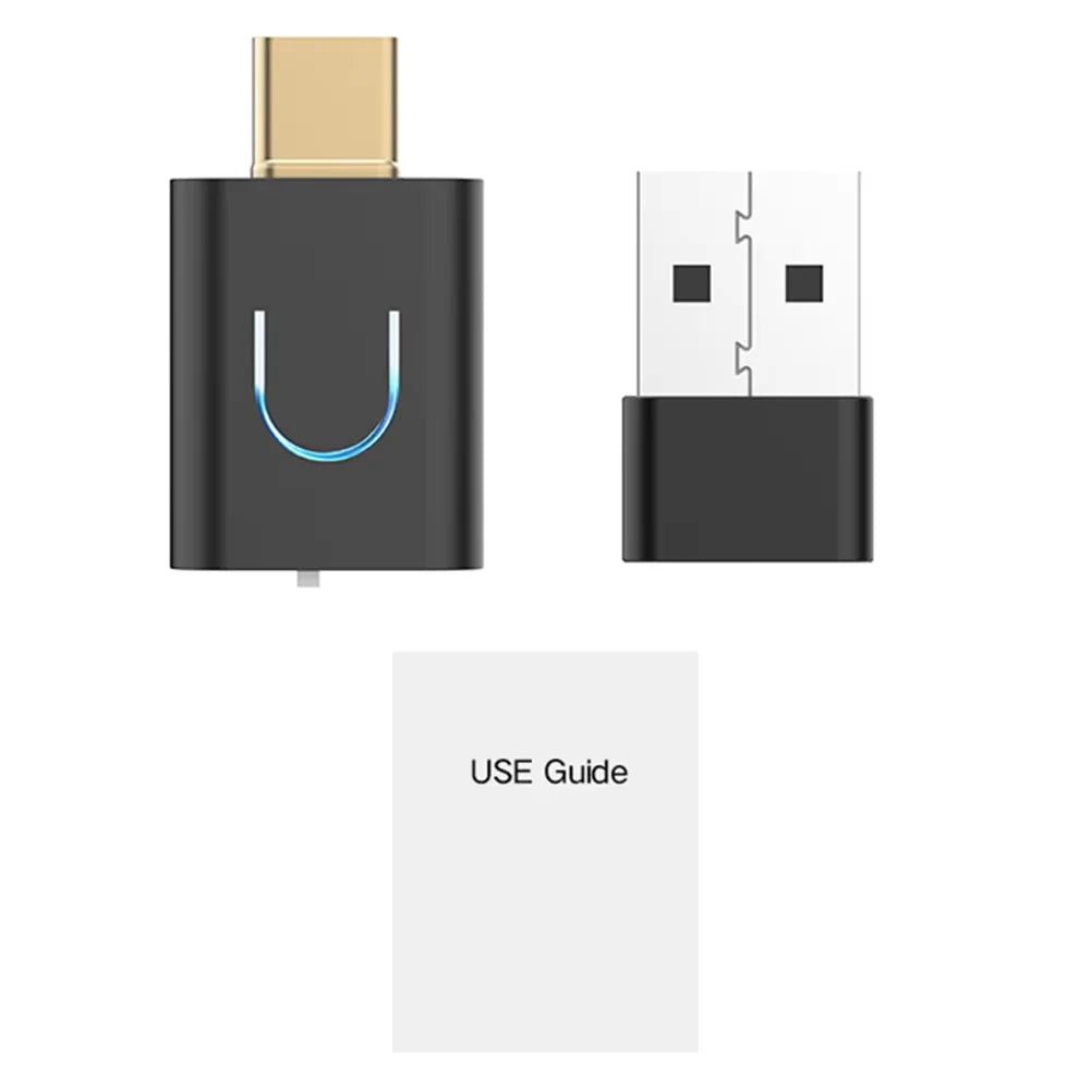 Black usb-c to usb-a adapter with gold-plated connector and blue light for audio transmitter aptx-adaptive type-c mac ps4