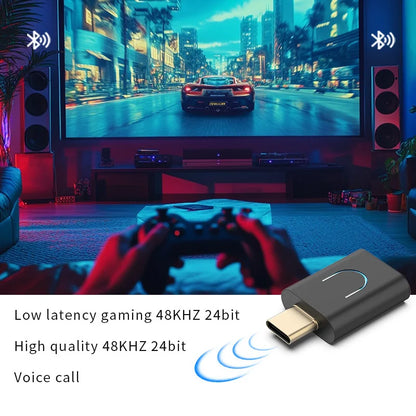 Black usb-c bluetooth 5.4 audio transmitter aptx-adaptive with silver accent for mac ps4 wireless stereo music adapter